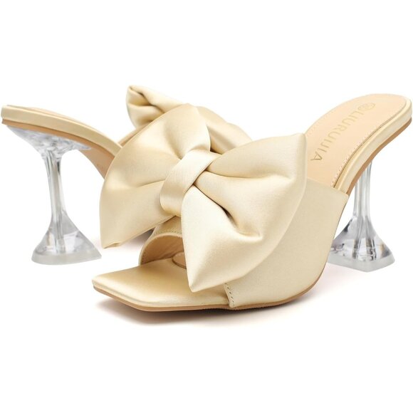 Women's Bow High Heels Mules Dress Sandals Slip On Party Wedding Bridal Gold - Picture 8 of 8